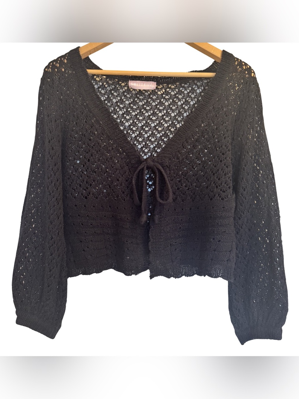 Sweet Kizz Black Open Knit Tie Front Cropped Cardigan Sweater M